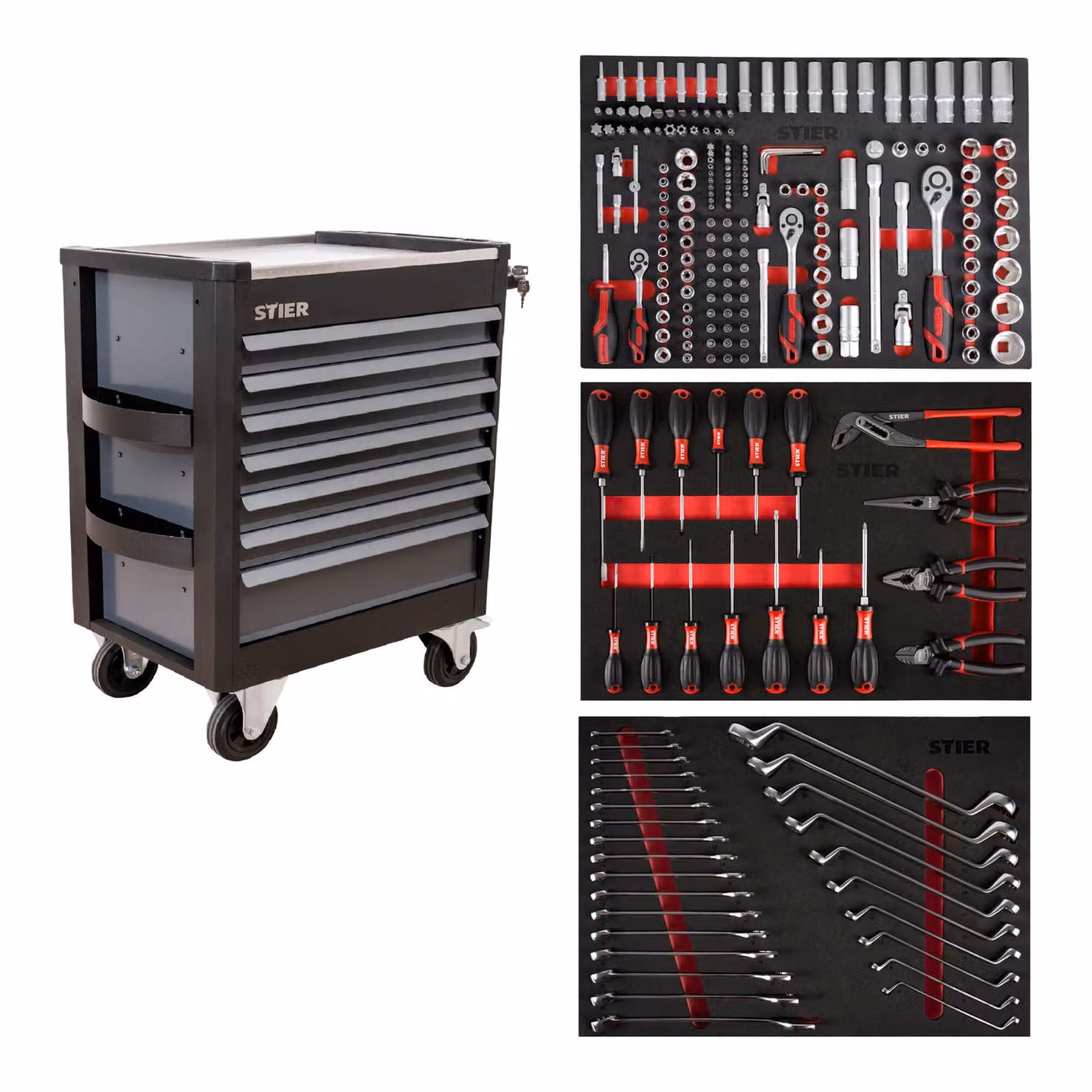 Carrello da officina STIER Premium con piano di lavoro in acciaio inox, completamente attrezzato con 223 pezzi, 7 cassetti, prodotto in Europa