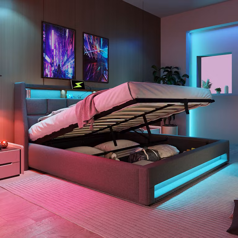 Letto imbottito Sweiko con USB 140x200cm, letto matrimoniale LED con rete metallica a doghe, struttura letto in materiale di lino letto giovanile