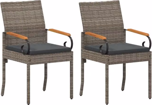 Set di 2 sedie da giardino moderne in polyrattan e legno di acacia con cuscini grigi e braccioli per esterno