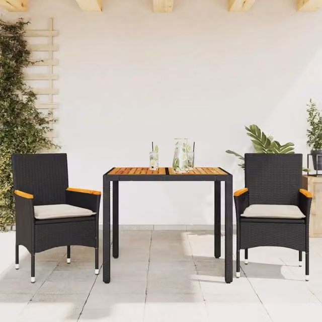 Set Pranzo da Giardino 3 pz con Cuscini Nero Polyrattan Acacia 3278627
