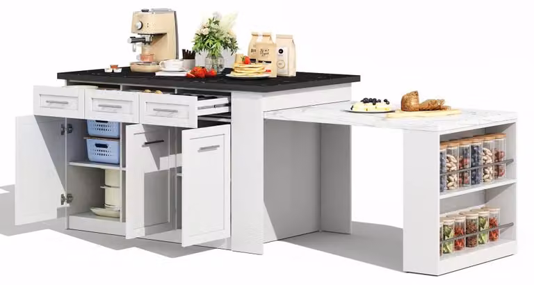 Isola da cucina - Tavolo allungabile - 150 + 96 cm - Aspetto marmo - Contenitori integrati - Legno - Bianco