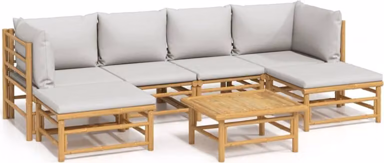 Set Salotto da Giardino 7pz con Cuscini Grigio Chiaro Bambù