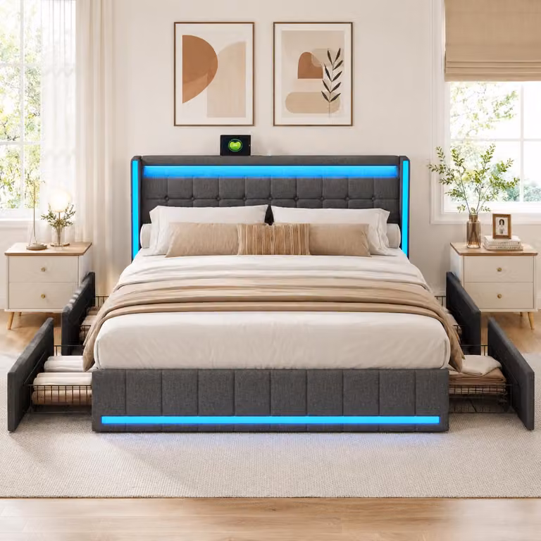 Letto matrimoniale INONEFT con contenitore, dimensioni 160x200 cm, imbottito con 4 cassetti, letto per ragazzi con luci LED, prese USB e Type-C, struttura con rete a doghe, colore grigio scuro, rivestito in lino