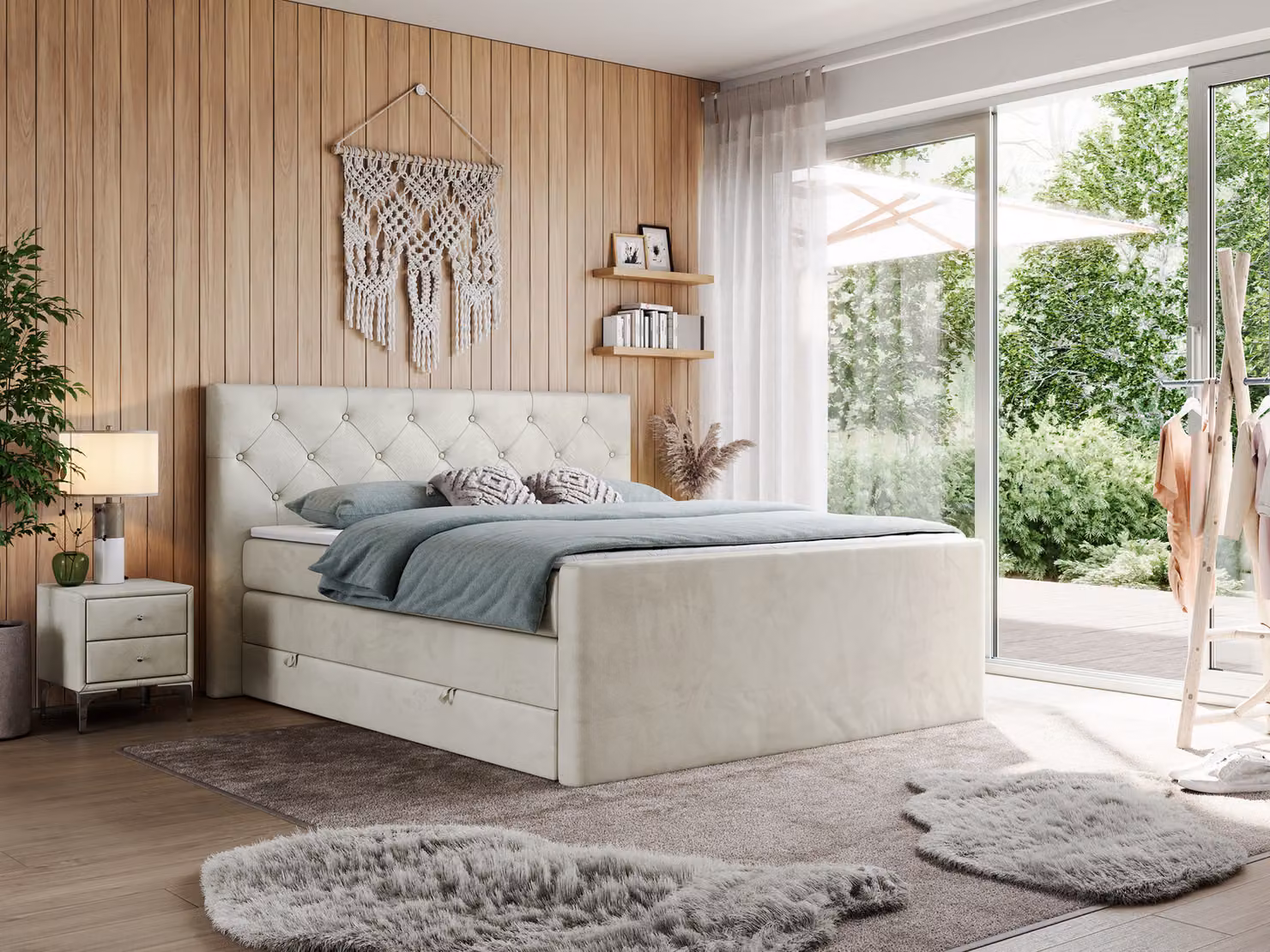 Letto matrimoniale con materasso Multipocket e coprimaterasso, letto boxspring con cassetti - KING VELEN - 180x200 cm - Beige - H3