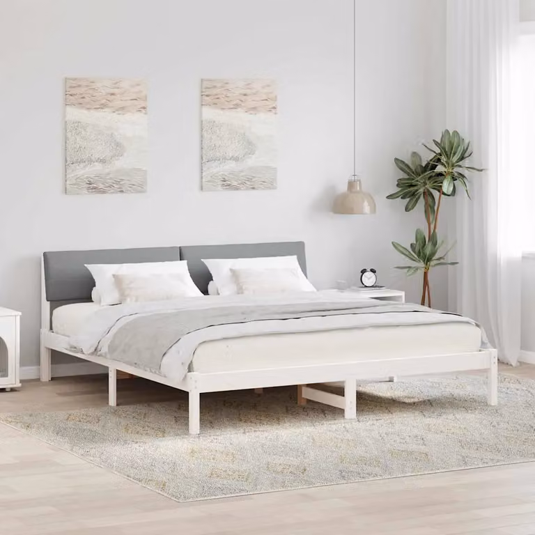 Struttura del letto moderna vidaXL in legno di pino e tessuto, Bianco e Grigio, 200 x 200 cm