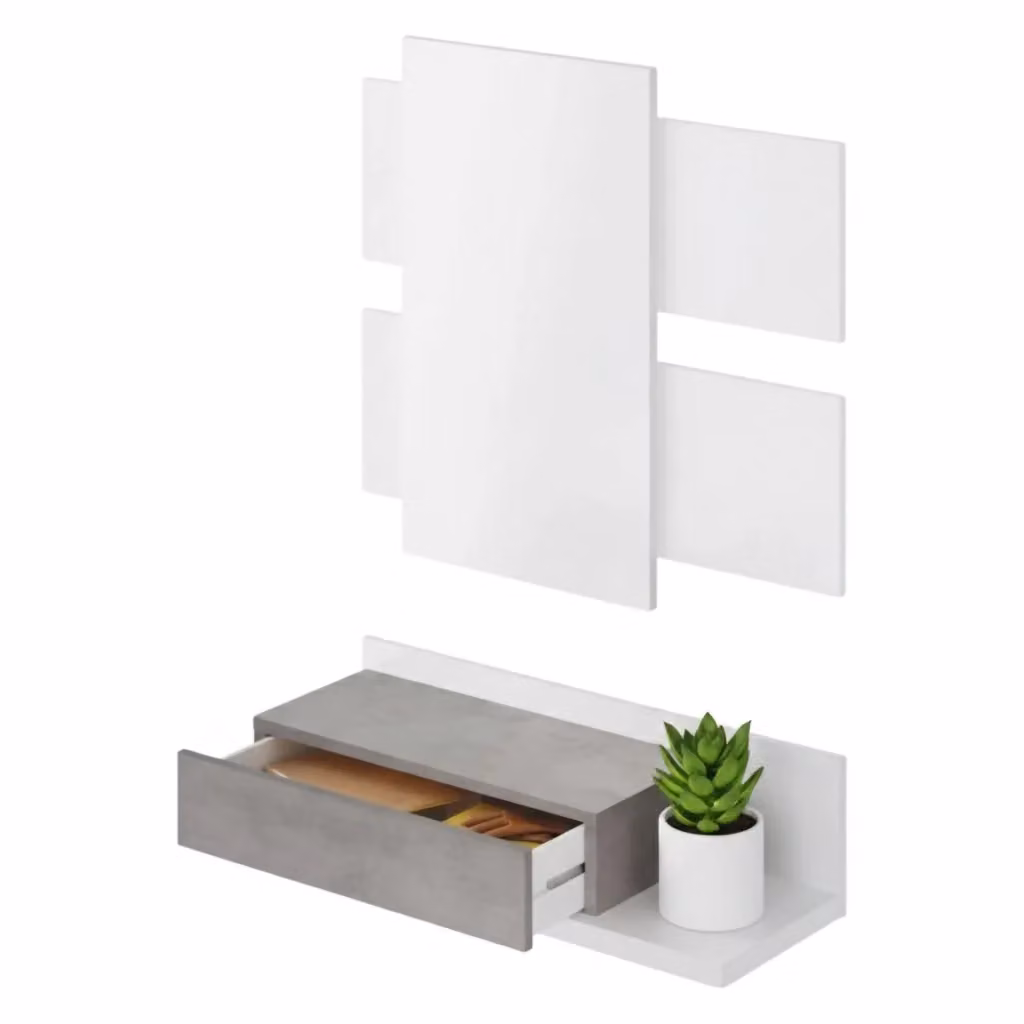 Mobile da ingresso sospeso DMORA con specchio e cassetto, Bianco e Grigio, L: 75 cm, P: 29 cm, H: 90 cm – 2