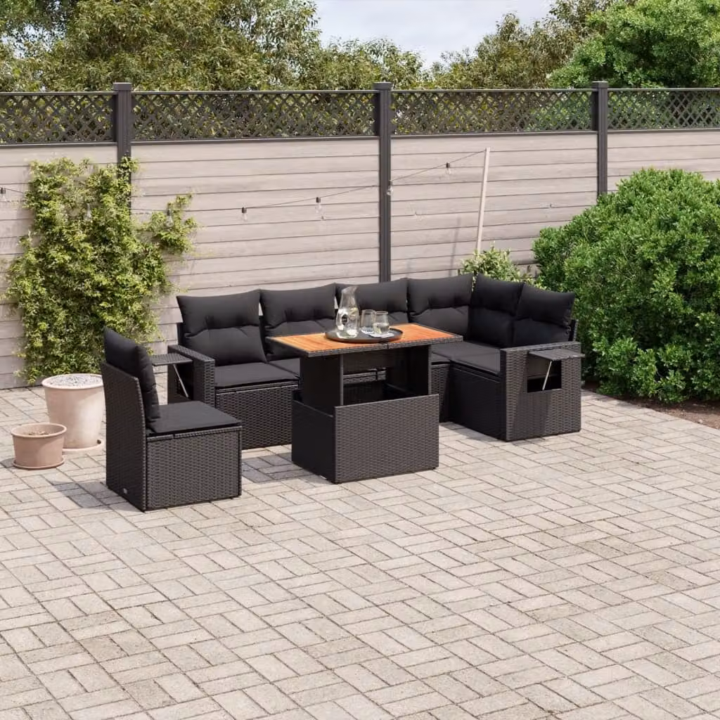Set di divani da giardino vidaXL in polyrattan nero con 7 pezzi e cuscini inclusi – 1