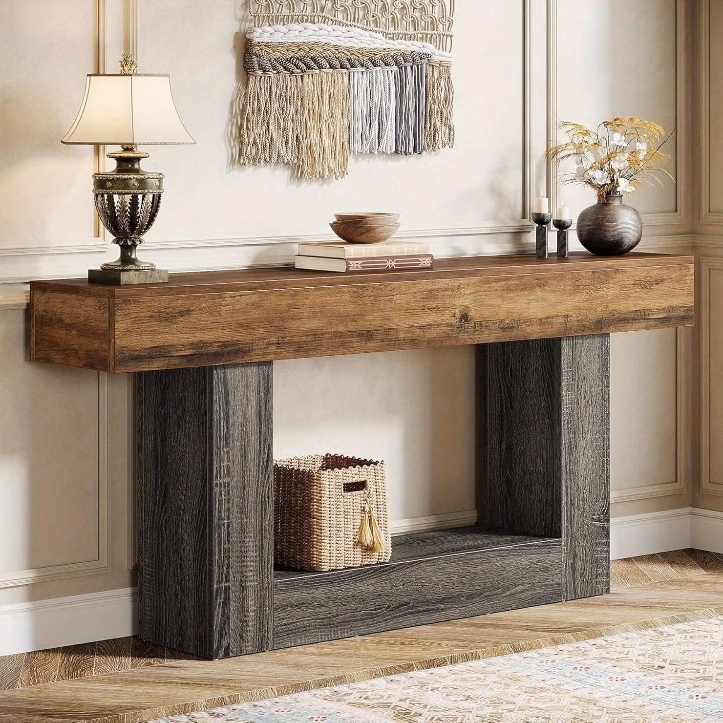 Tavolino da parete in stile rustico, extra lungo, con due livelli, base a forma di U, 160 cm, color marrone vintage