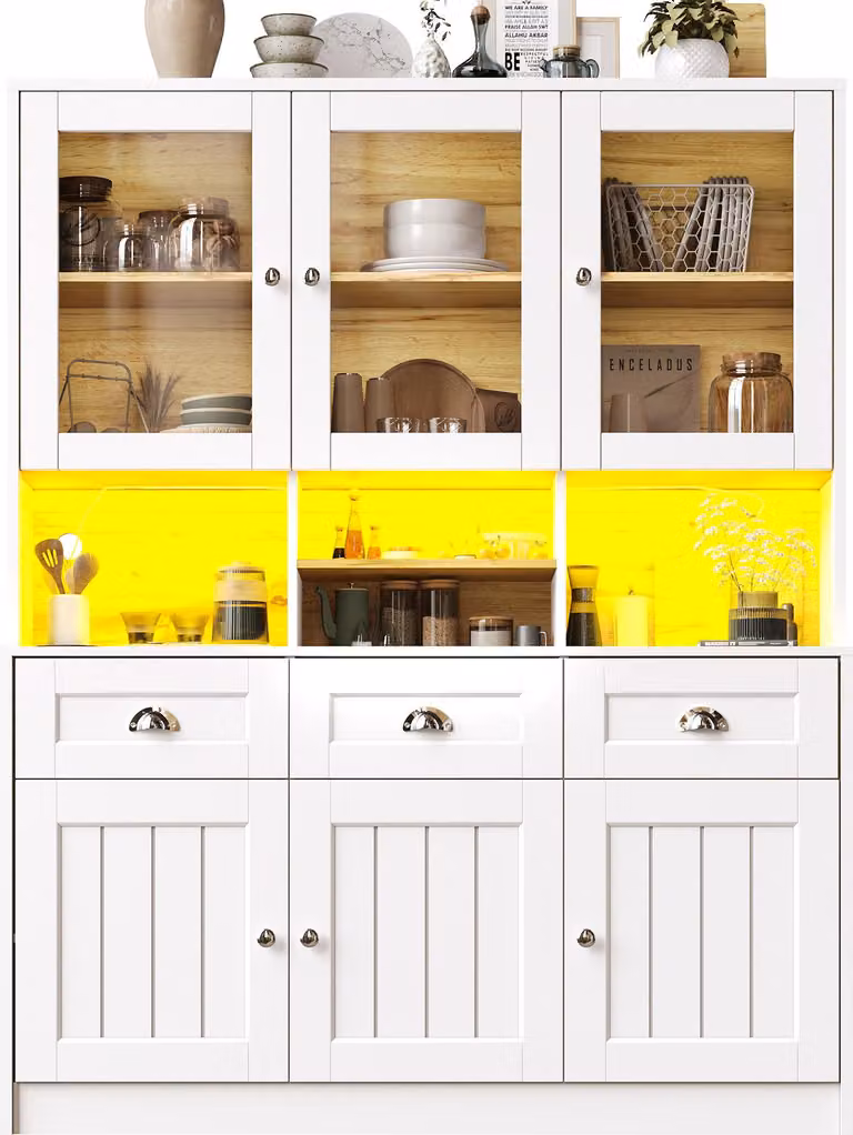 Mobile da cucina (140×40×175 cm), mobile alto da cucina a buffet, vetrina, mobile buffet con ripiani regolabili, credenza con illuminazione LED, nero, MDF