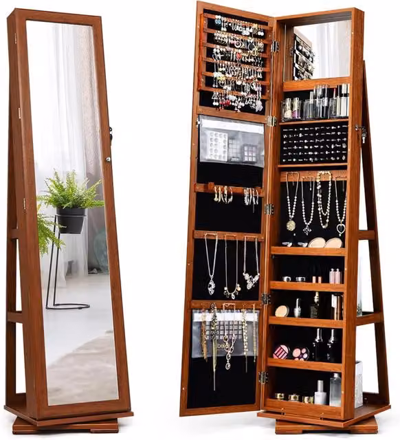 Armadietto Portagioielli Autoportante Costway con Specchio a Figura Intera e Serratura, Organizzatore per Gioielli Marrone, H x L x P: 161 x 39 x 39 cm