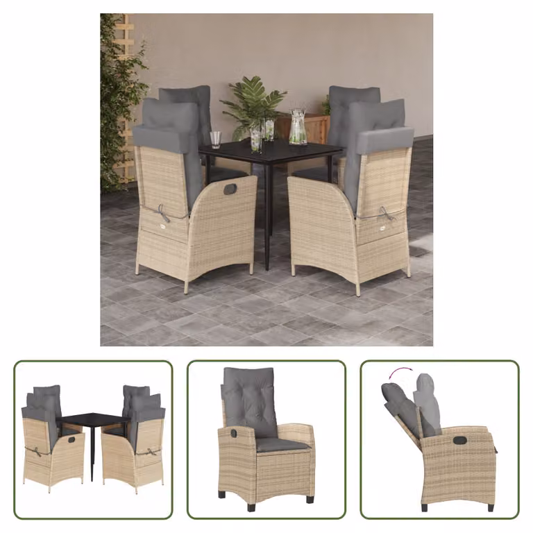 The Living Store Set da pranzo da giardino 5 pezzi con cuscini Beige poly rattan