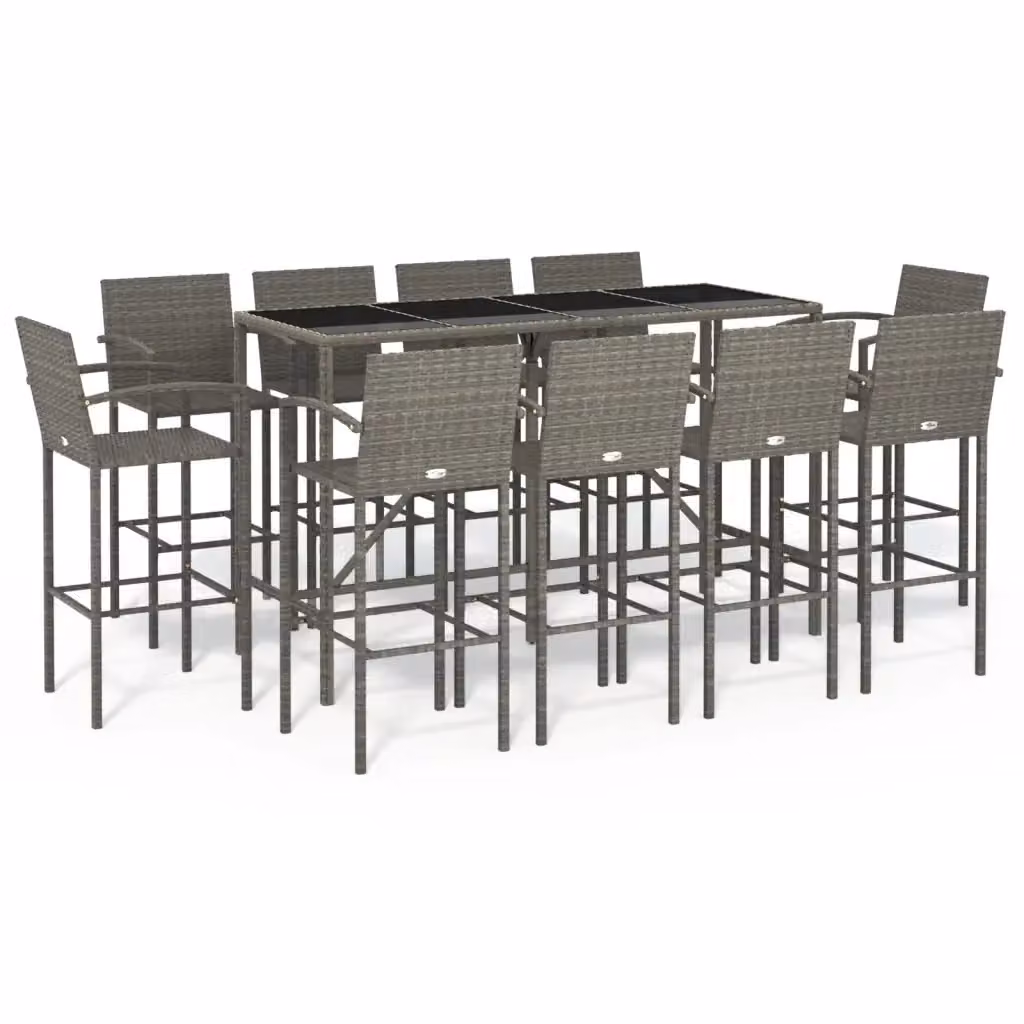 Set da Bar da Giardino vidaXL in Polyrattan Grigio e Nero con Piano in Vetro, 11 Pezzi – 2