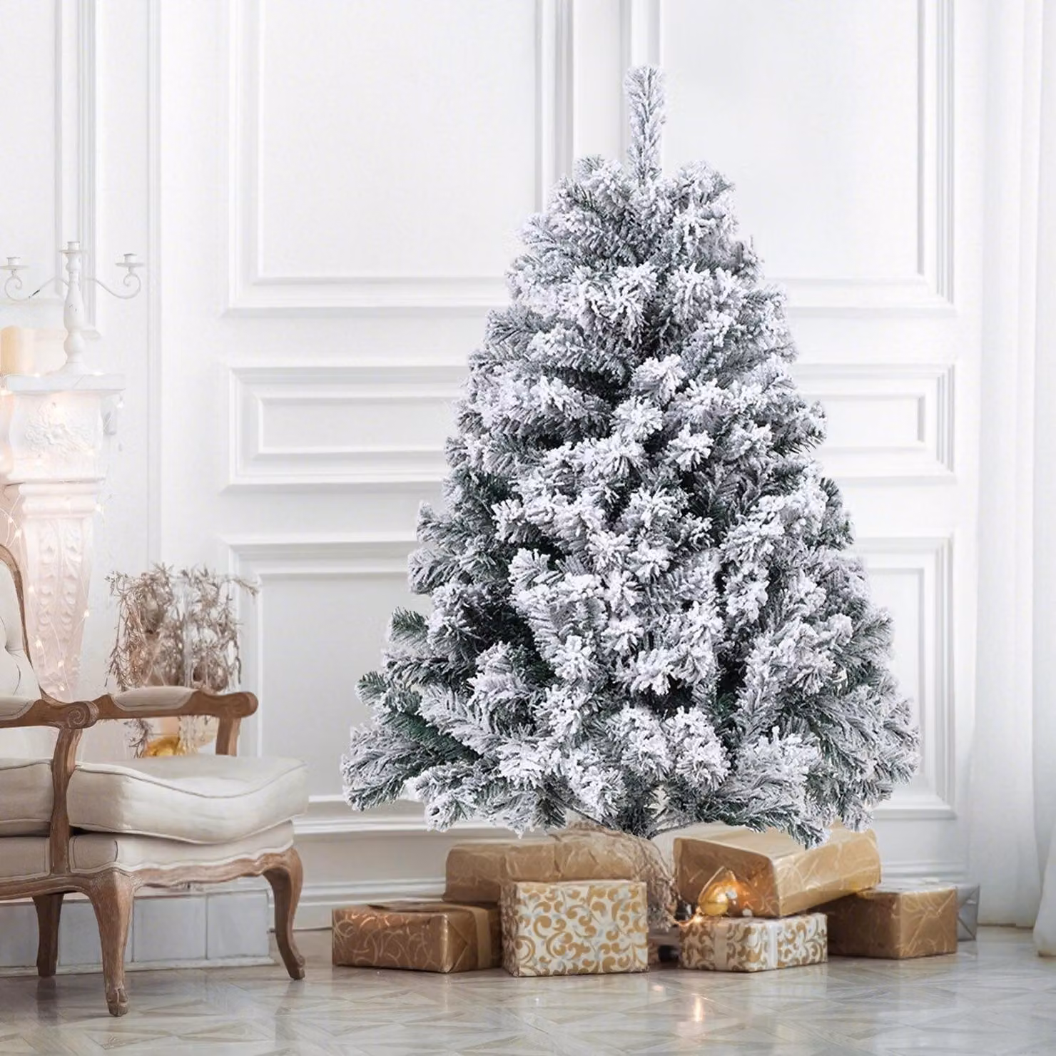 Albero di Natale artificiale Ikodm, 120 cm, verde, con effetto neve, 340 rami, realizzato in PVC e metallo, con rami che si aprono automaticamente