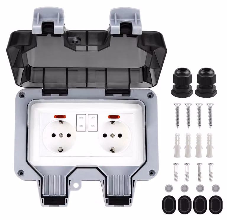 Presa esterna IP66 con interruttore, impermeabile e antipolvere, dotata di 2 prese con coperchio a battente