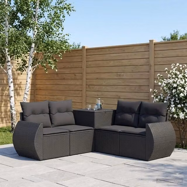 Set di divani da giardino a L vidaXL in rattan sintetico nero con cuscini e pouf coordinato