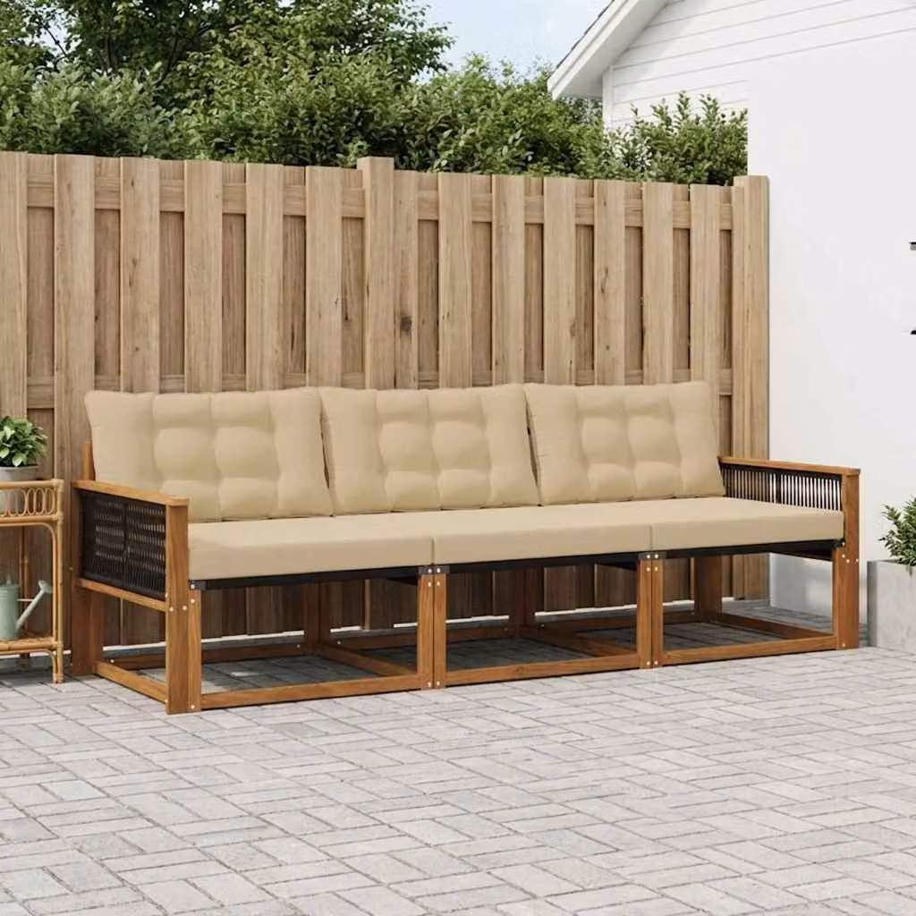 Set di divani da esterno vidaXL in legno di acacia e textilene, colore beige e sabbia, composto da 3 pezzi con cuscini inclusi