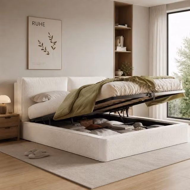 Letto imbottito con contenitore idraulico e testiera, 180x200 cm, bouclé beige