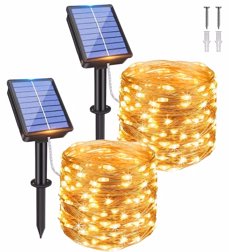 Catena luminosa solare da 20 metri, con 200 LED, luce bianco caldo, confezione da 2 pezzi, filo in rame