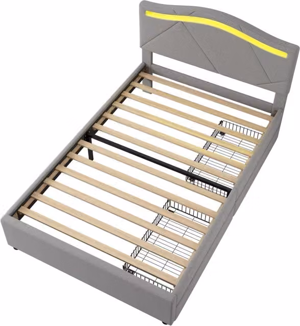 Letto singolo contenitore con 2 cassetti e illuminazione LED, testiera regolabile, in tessuto e MDF, grigio, L/P/H: 90 x 200 x 108,5 cm