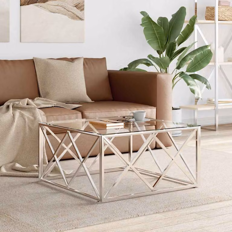 vidaXL Tavolino da Salotto Moderno in Vetro e Metallo Argento L/P/H: 80 x 80 x 40 cm