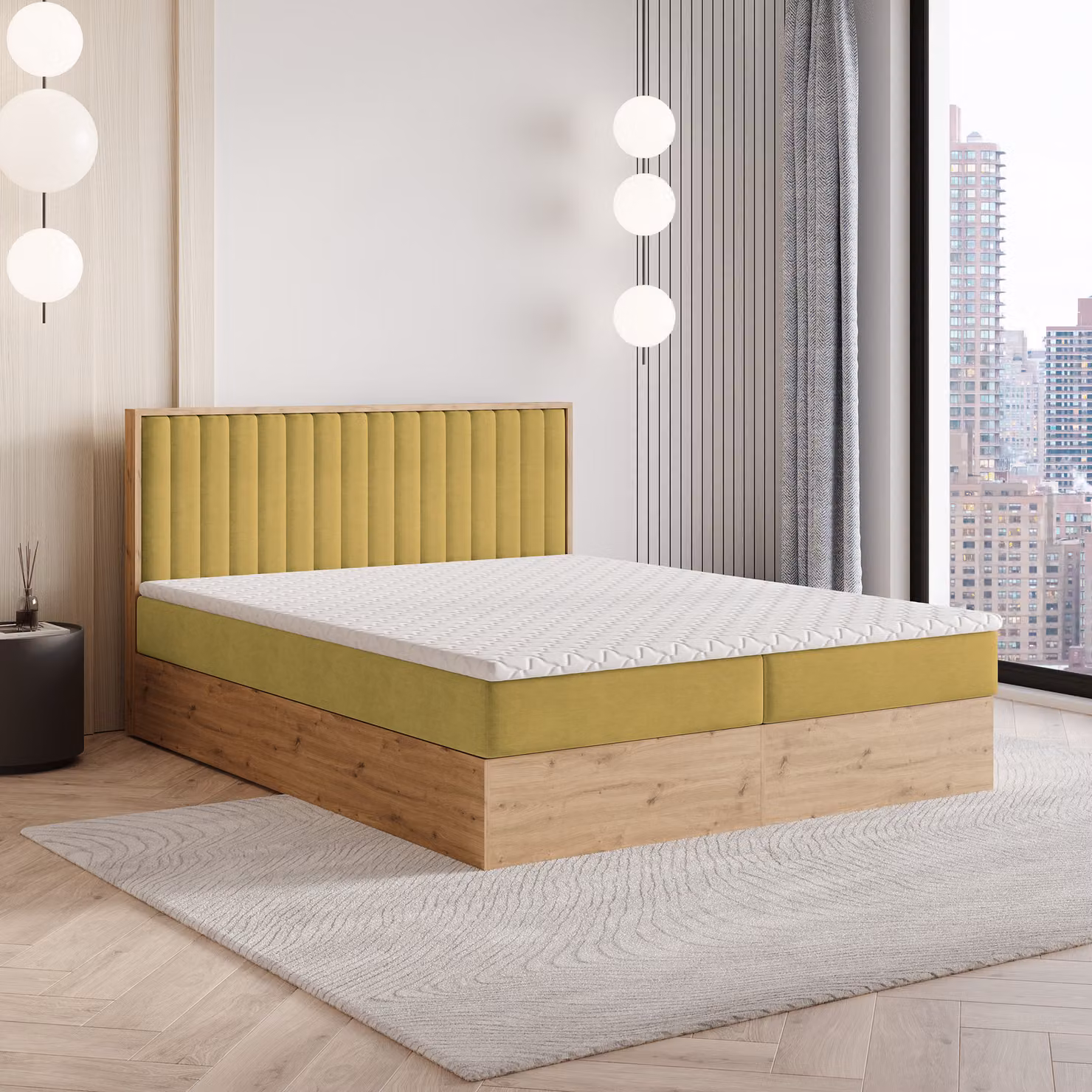 Letto a molle Masseno VARELI 140x200 cm completo di materasso e topper Bonell, letto imbottito con cassettiera -Giallo, SORO 40