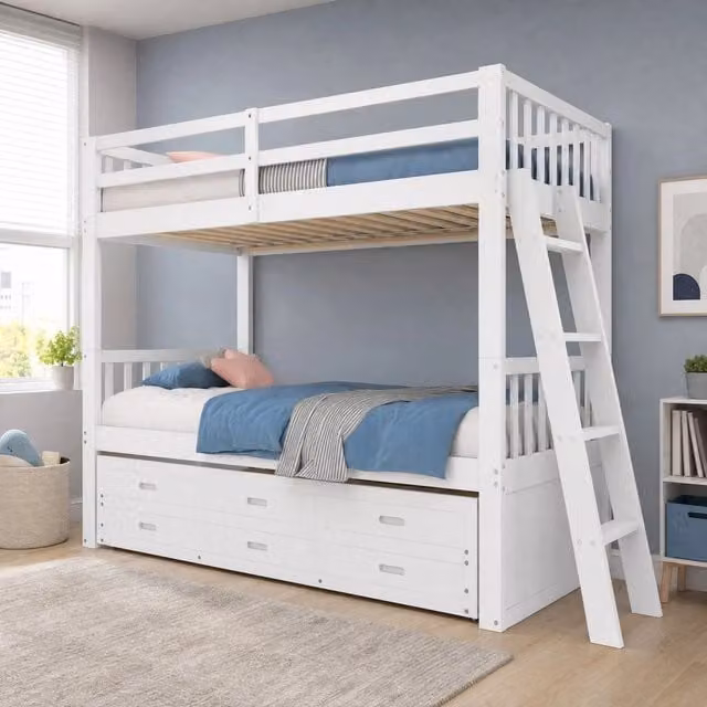 Letto a castello Mivray per bambini con letto estraibile, 3 cassetti e scala in legno, colore bianco, L/P/H: 200 x 90 x 160 cm