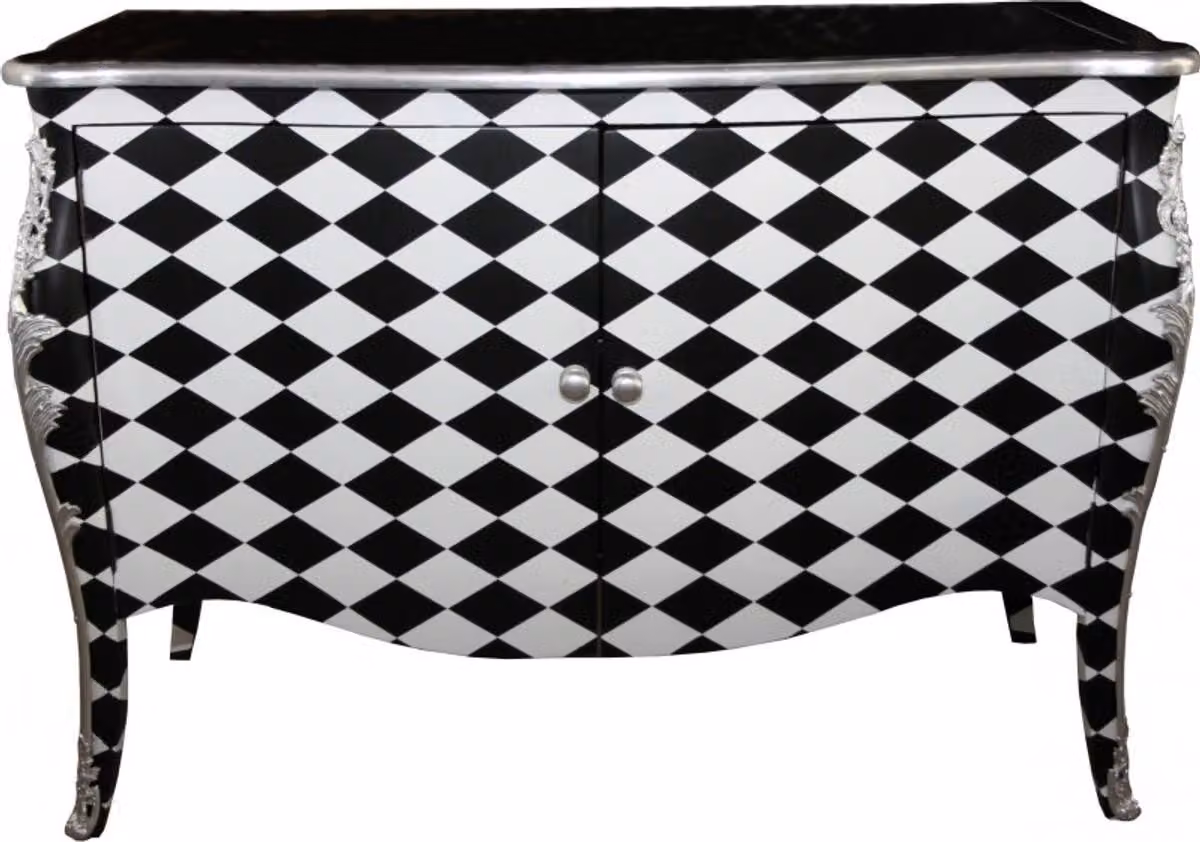 Comò Casa Padrino Barock, motivo a scacchi, nero/bianco, 120 cm - Mobile contenitore con 2 ante e applicazioni in argento