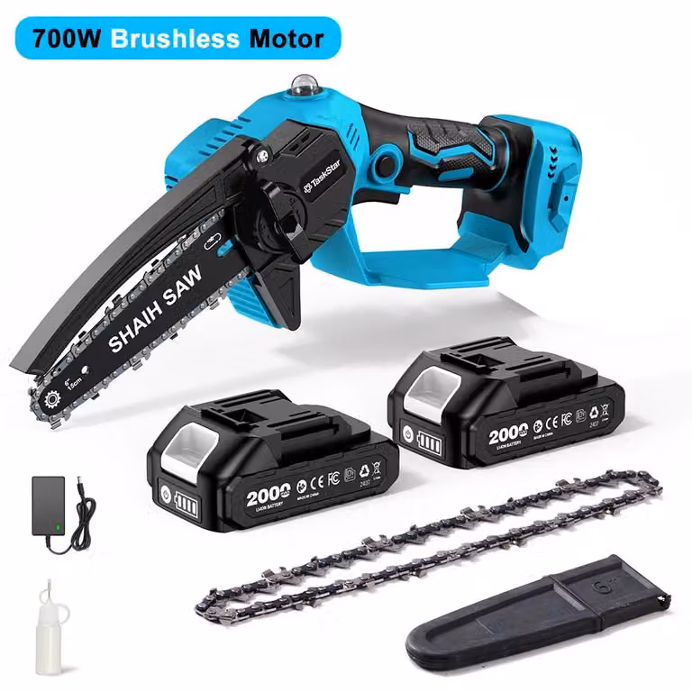 Troncatrice a batteria - Mini motosega da 15 cm - Motore brushless - Lubrificazione manuale - 2 batterie da 2000 mAh - Spina di tipo europeo