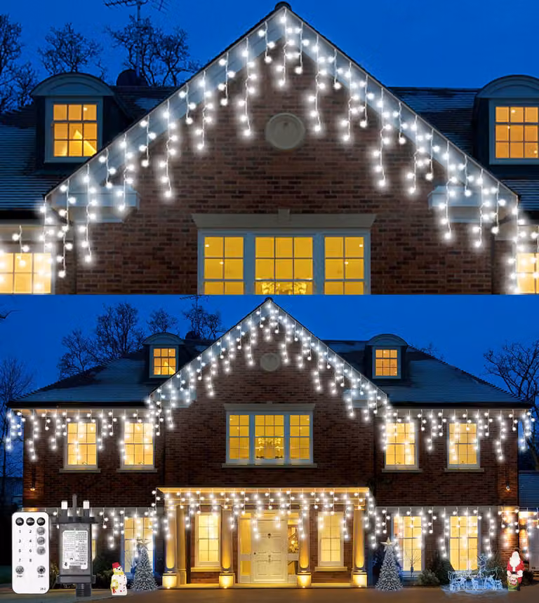 Catena luminosa a LED a forma di ghiacciolo, 460 LED, 17,5 metri, luce bianca fredda, grado di protezione IP44