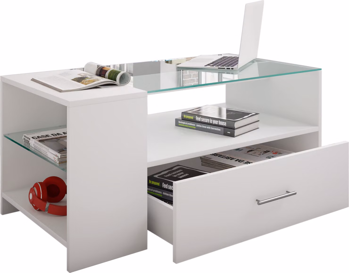 Tavolino in legno con vetro di sicurezza ESG | Sofatic con spazio di archiviazione sufficiente | Dimensioni ca. H. 45 x W. 100 x D. 50 cm | Tavolo soggiorno con cassetto - Tindala