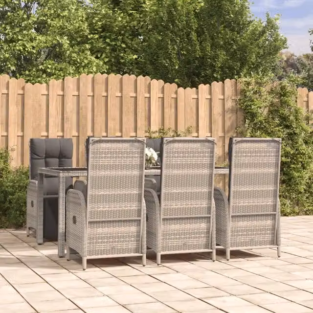 Set da pranzo da giardino vidaXL in polyrattan grigio con 7 pezzi e piano in vetro