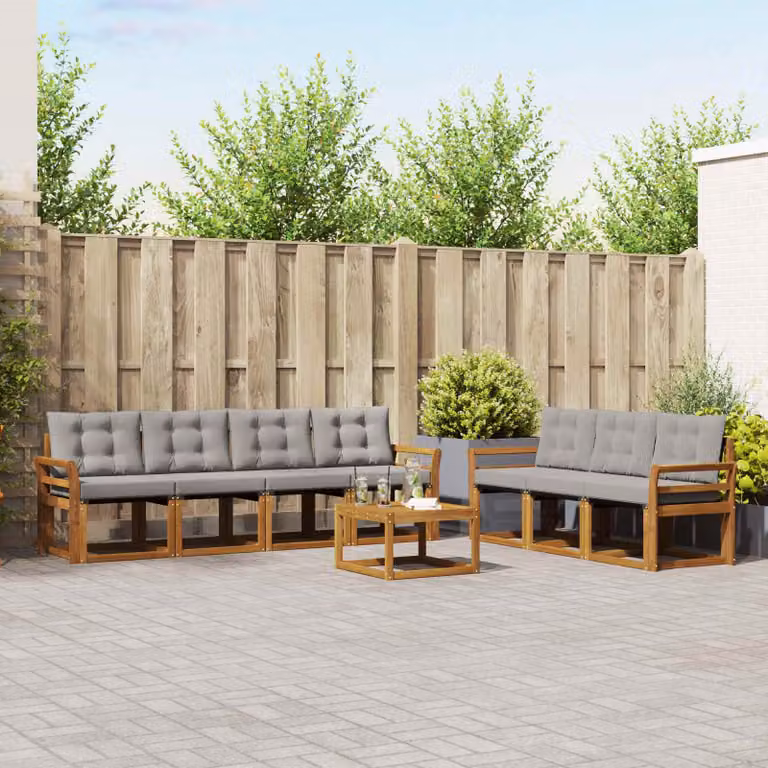 Set di divani da esterno vidaXL 8 pz in legno di acacia e textilene grigio con cuscini e tavolino da caffè