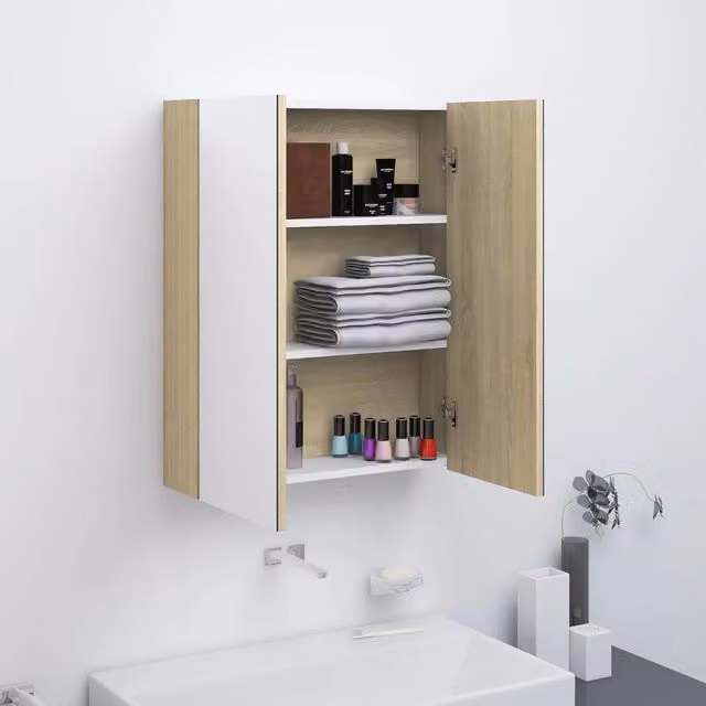 Armadietto da bagno con specchio Design Mania in MDF Bianco e Rovere, L: 60 cm, P: 15 cm, H: 75 cm