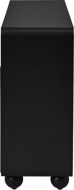 Sideboard nero con porte sagomate, 2 cassetti e 4 ante, struttura in PB e MDF, piedi rotondi in metallo