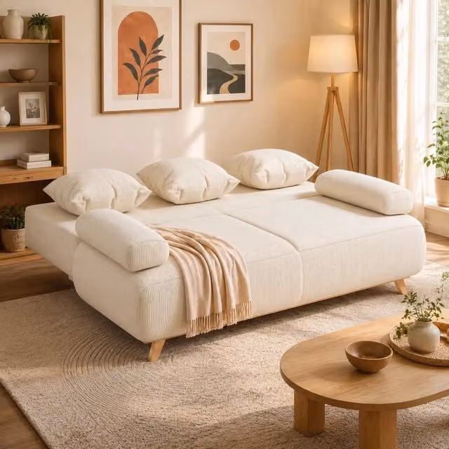 Divano letto 3 posti con schienale regolabile, contenitore e cuscini per soggiorno in velluto a coste beige