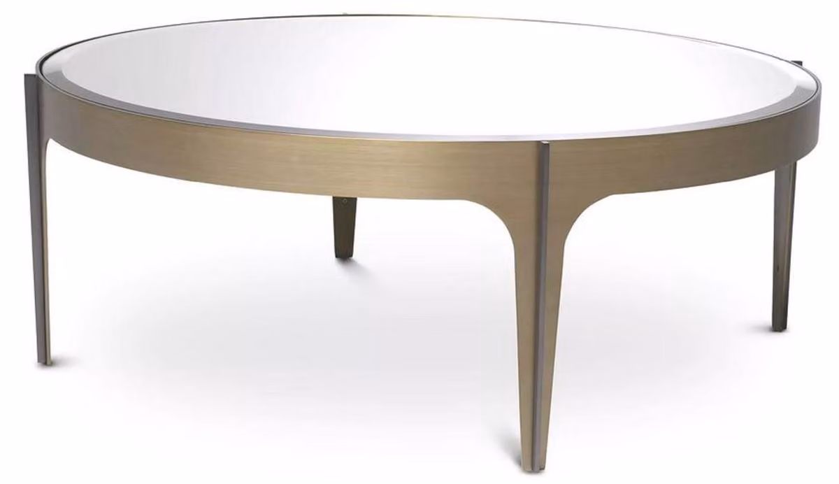 Tavolino Casa Padrino ottone / bronzo Ø 94 x H. 34,5 cm - Tavolo da salotto rotondo in acciaio inox con piano in vetro a specchio - Mobili da salotto
