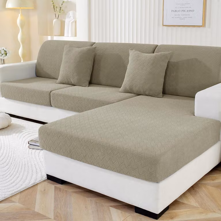 Copertura elastica per cuscini di divano a due piazze, colore kaki, antiscivolo, per divano a 2 posti e chaise longue
