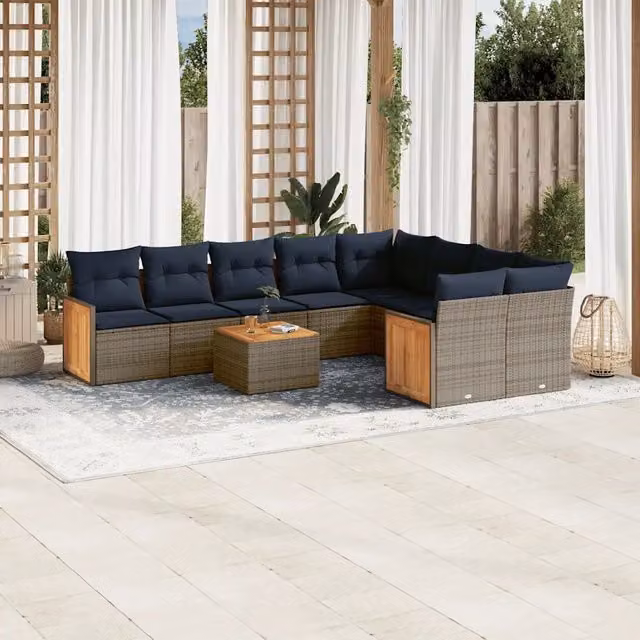 Set Divani da Giardino 10 pz con Cuscini Grigio in Polyrattan 3227993