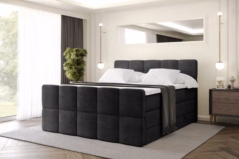 Letto boxspring ALTDECOR con materasso e rete a doghe, topper, letto imbottito con contenitore, letto con vano portaoggetti, materassi H3 e H4, letto matrimoniale, letto boxspring -LIRO-Z KING-120x200 - Nero Casablanca