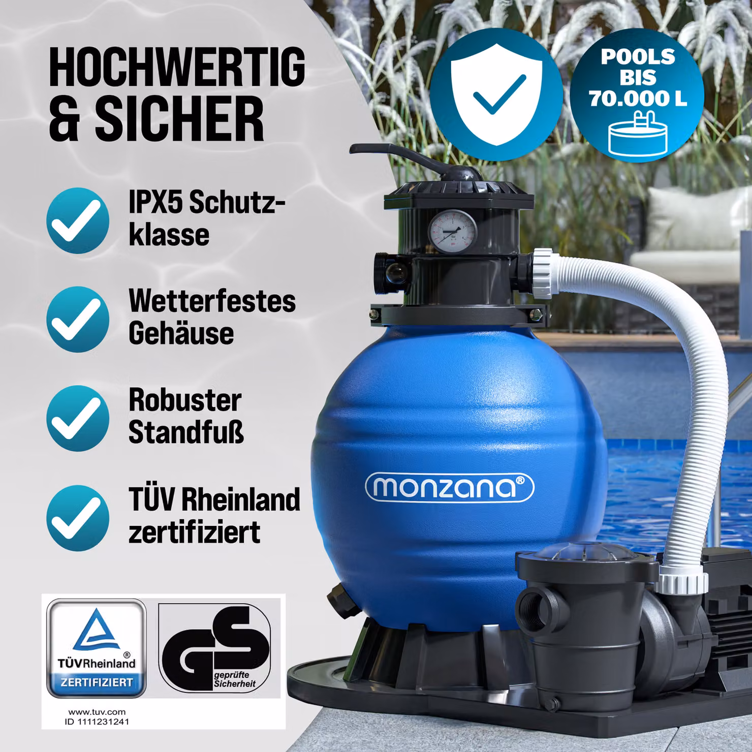 Pompa filtro a sabbia Monzana per piscine con portata di 15900 l/h, blu e nera, attacco 1 1/2" – 3