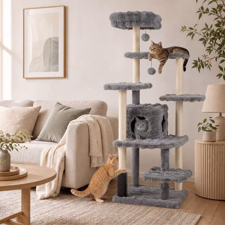 Albero per gatti da interno Costway con 4 piattaforme di salto, cuccia e tiragraffi in sisal, Grigio