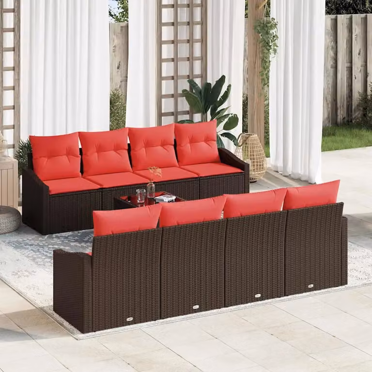 Set di divani da giardino vidaXL in rattan e metallo marrone e rosso con tavolo da caffè e cuscini, composizione a forma di U per esterno