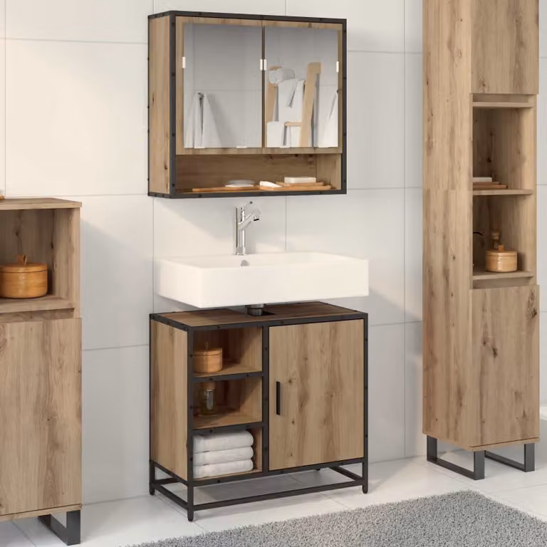 Mobile da bagno vidaXL in stile minimalista con ante a cerniera, colore marrone e nero, L: 65 cm, P: 33 cm, H: 60 cm