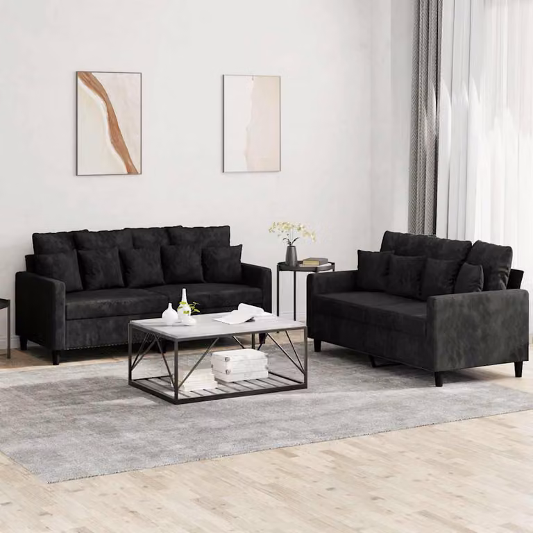Set di 2 divani vidaXL in velluto nero con cuscini per soggiorno in stile moderno