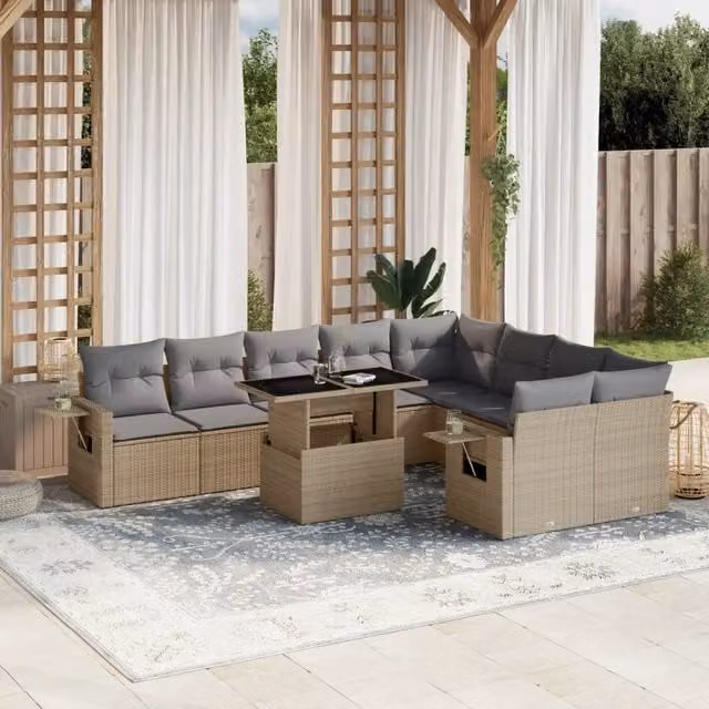 Set Divano da Giardino vidaXL in Polyrattan 10 Pezzi con Cuscini Beige e Tavolino per Terrazza e Giardino – 1