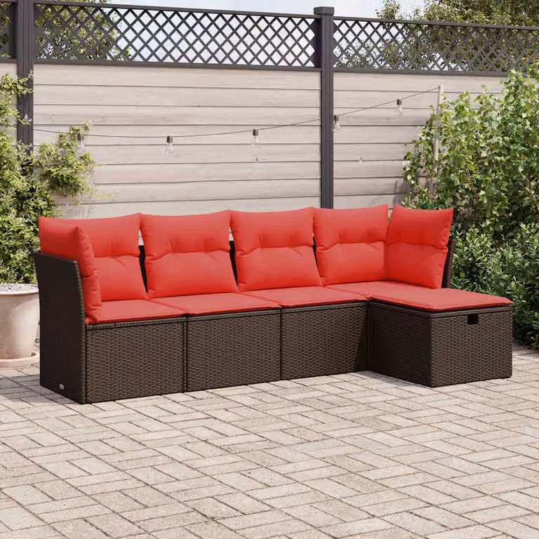 Set Divano da Giardino vidaXL a Forma di L con 5 Pezzi, Polyrattan Marrone e Cuscini Imbottiti con Rivestimenti Rimovibili