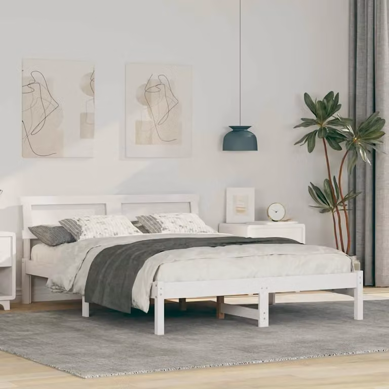 Struttura letto moderna vidaXL in pino massello bianco con porta di ricarica USB, L/P: 120 x 200 cm