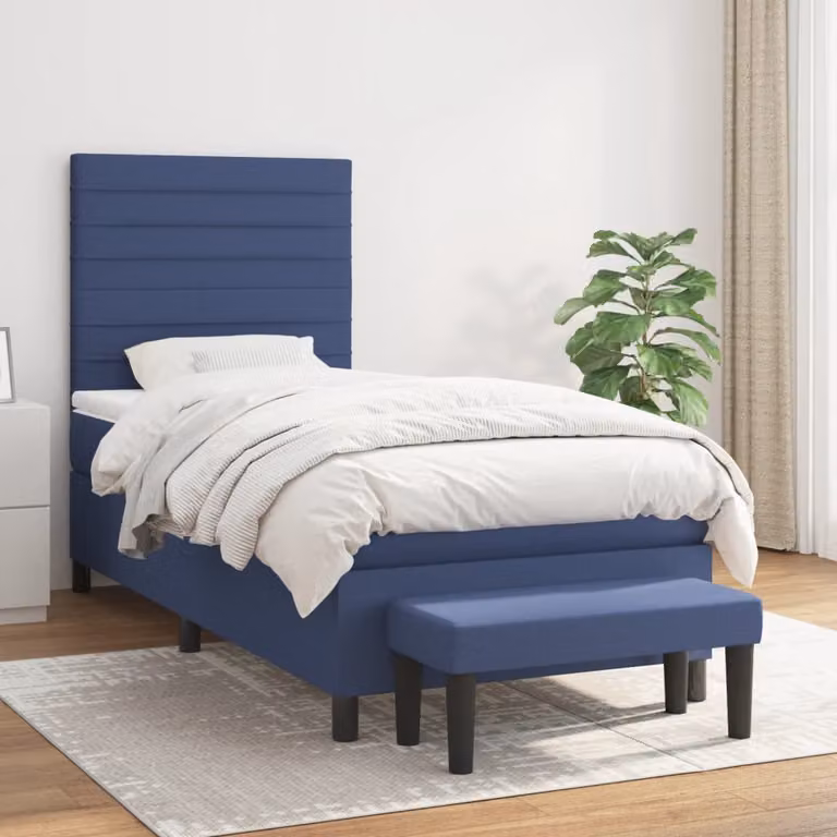 vidaXL Letto Ibrido con Giroletto a Molle e Materasso in Tessuto Blu e Bianco L/P/H: 190 x 90 x 128 cm