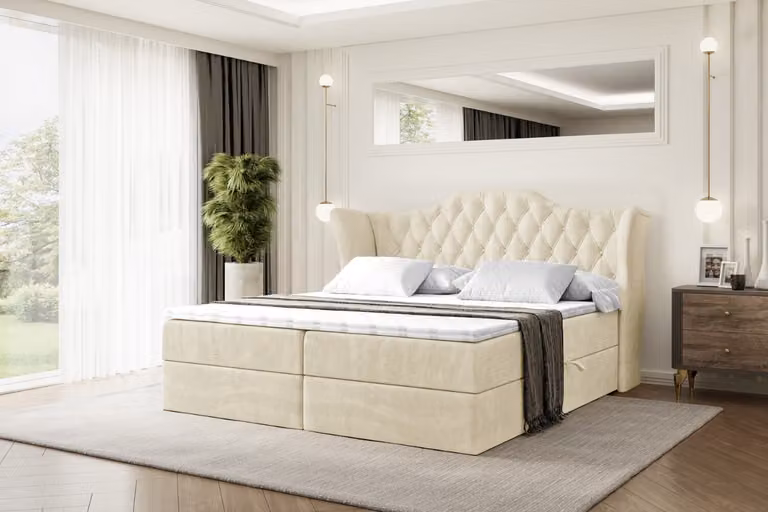 Letto boxspring ALTDECOR con materasso H4 e topper - 160 x 200 cm - VILA - Velluto beige - Letto imbottito con contenitore e rete a doghe, letto con spazio contenitivo