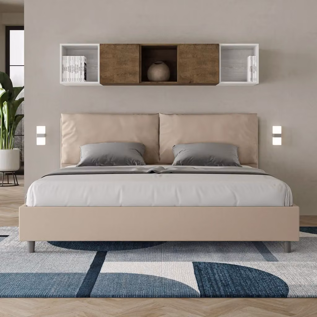 Letto Matrimoniale King Size Antea Large con Contenitore e Rete Imbottito in Similpelle Beige L/P/H: 200 x 210 x 110 cm – 2